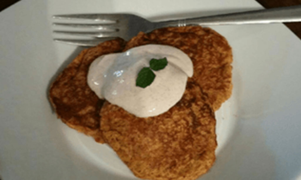 Sweet potato pancakes with maple cinnamon Greek Yogurt